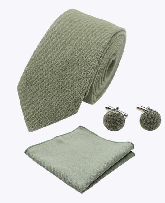 Cravate + Pochette de Costume + Boutons de Manchette Vert n°2 Homme en Coton «Edgard»