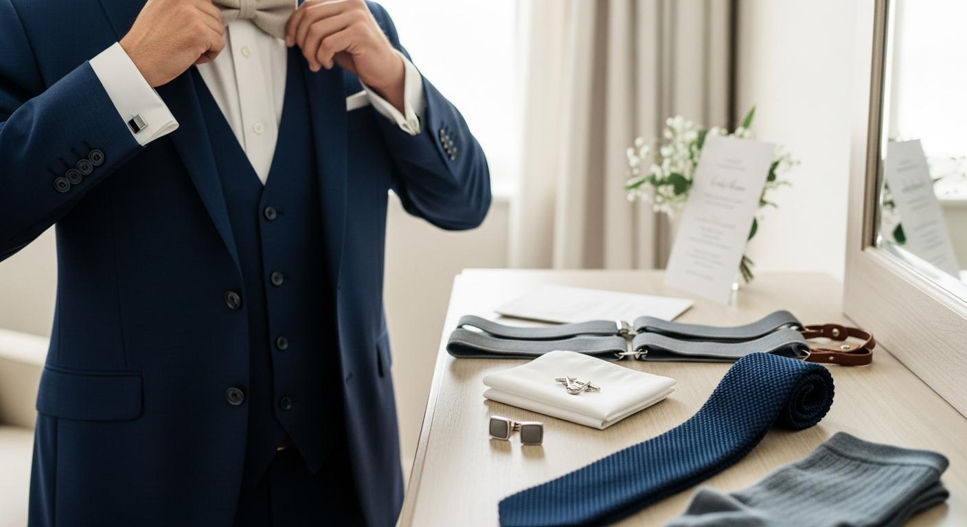 Marié en costume bleu marine ajustant un nœud papillon en lin, accessoires de costume posés sur une commode Billede