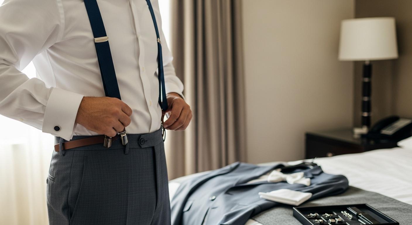 Homme en chemise blanche ajustant des bretelles bleu marine avec attaches en cuir, dans une chambre lumineuse avant un mariage Billede