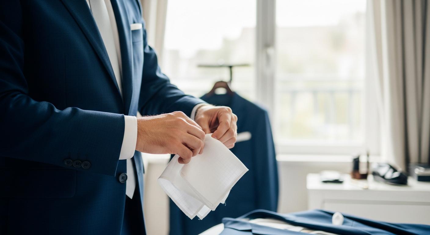 Mains d’un homme en costume bleu marine pliant une pochette blanche en lin avant une cérémonie Billede