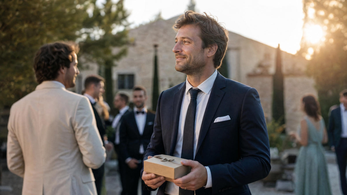 Témoin de mariage recevant un accessoire homme en cadeau, dans une ambiance de cérémonie élégante. Billede