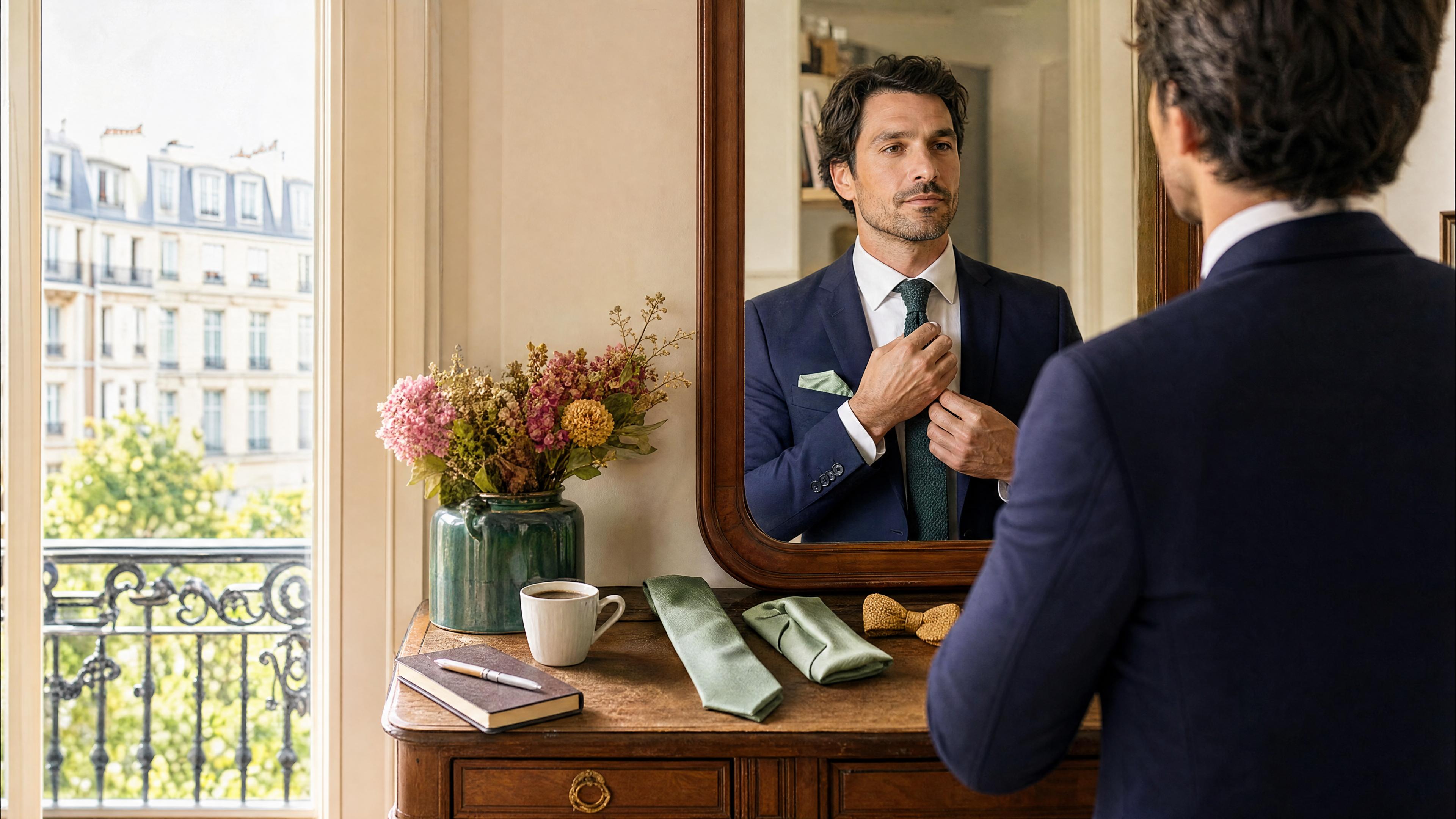 Homme en blazer bleu marine ajustant sa cravate, avec une pochette de costume et des accessoires vert sauge posés sur une commode, ambiance rentrée au bureau. Billede