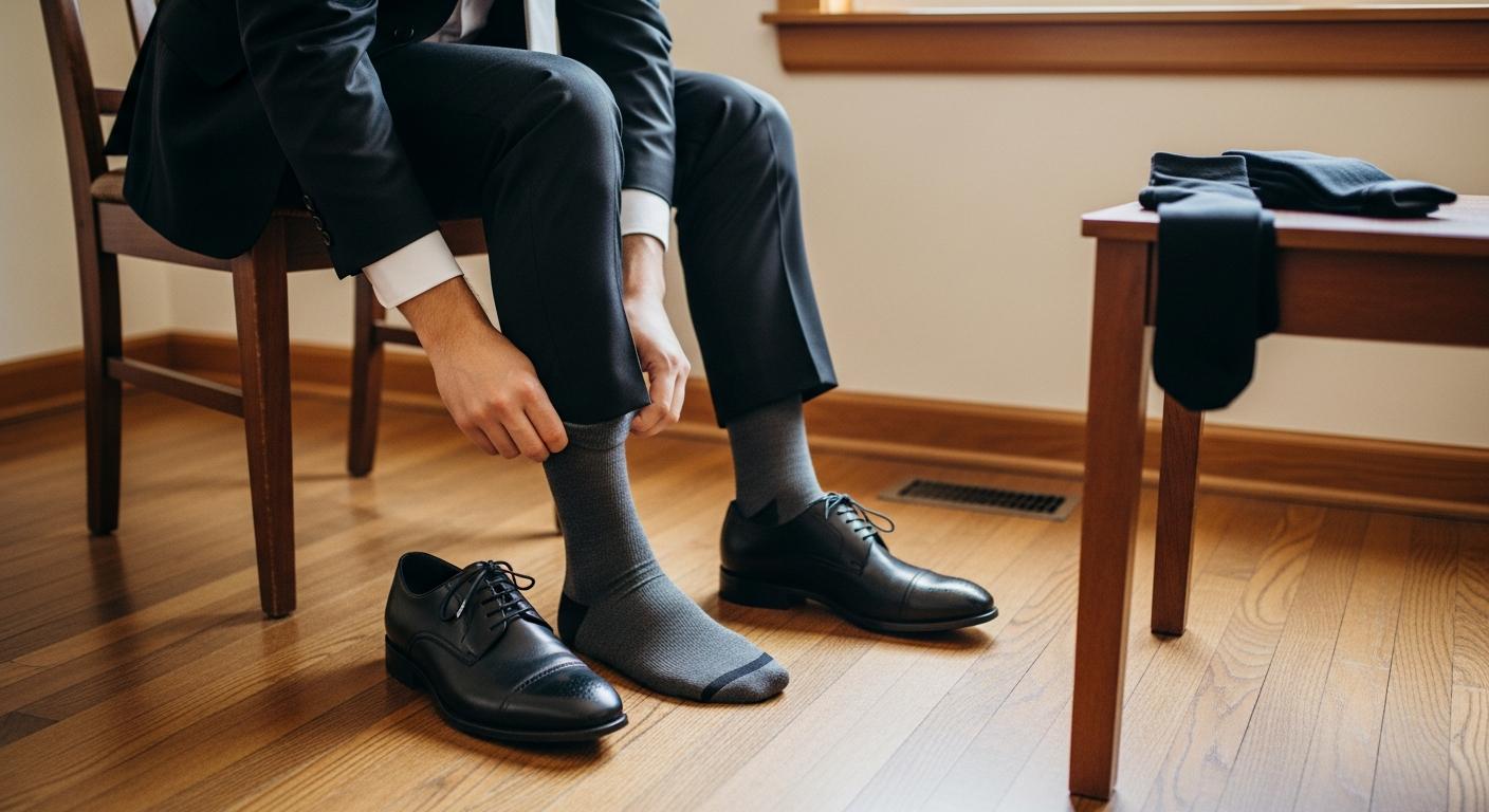 Homme en costume noir ajustant une chaussette habillée gris anthracite, chaussures en cuir noir, lumière naturelle et décor intérieur sobre Billede