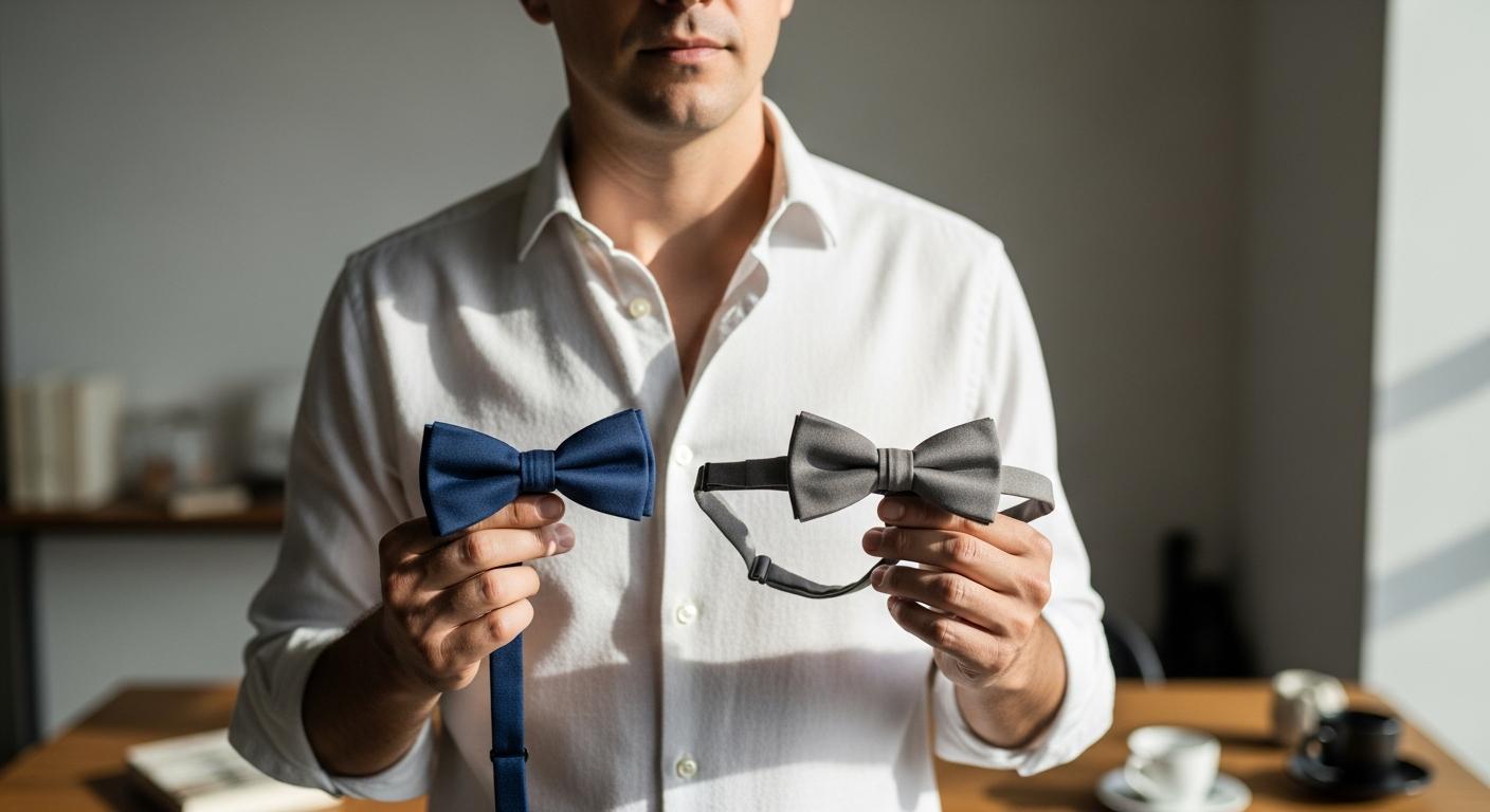Homme en chemise blanche comparant un nœud papillon à nouer et un modèle ajustable dans un intérieur lumineux Billede