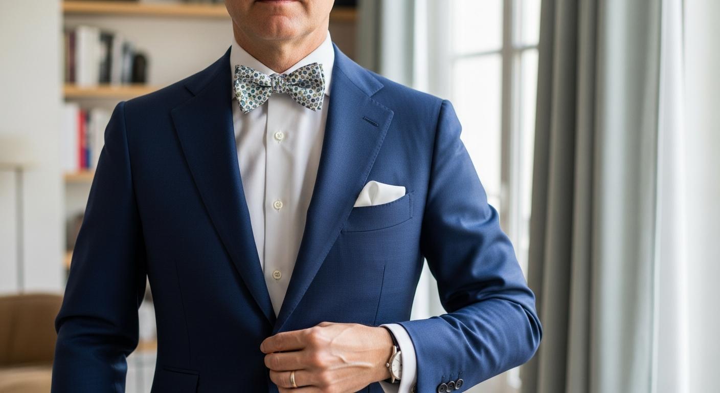 Homme en costume bleu marine portant un nœud papillon liberty avec chemise blanche, photographié en lumière naturelle dans un intérieur élégant Billede