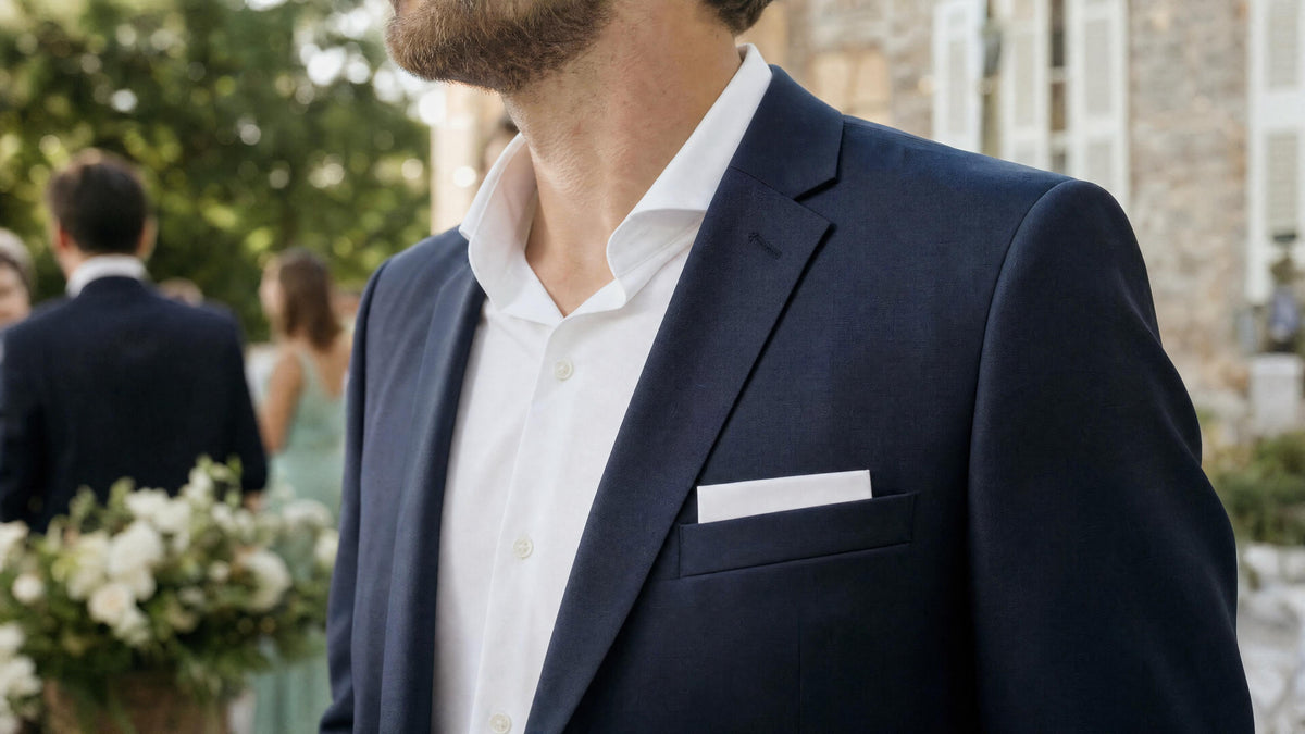 Homme en costume avec pochette de costume pour mariage, style élégant et formel. Billede