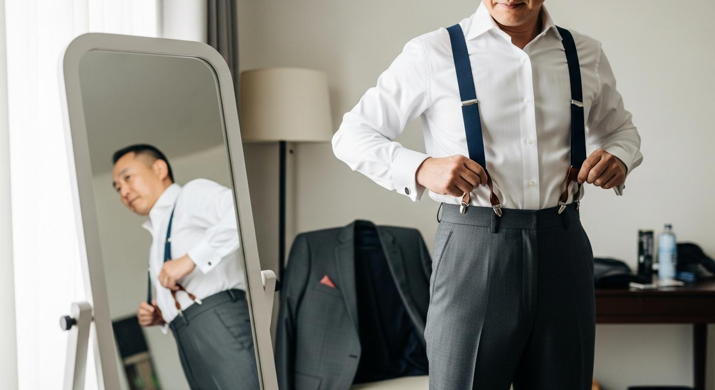 Homme en chemise blanche réglant ses bretelles bleu marine devant un miroir, avec pantalon de costume gris taille haute, dans une pièce lumineuse Billede