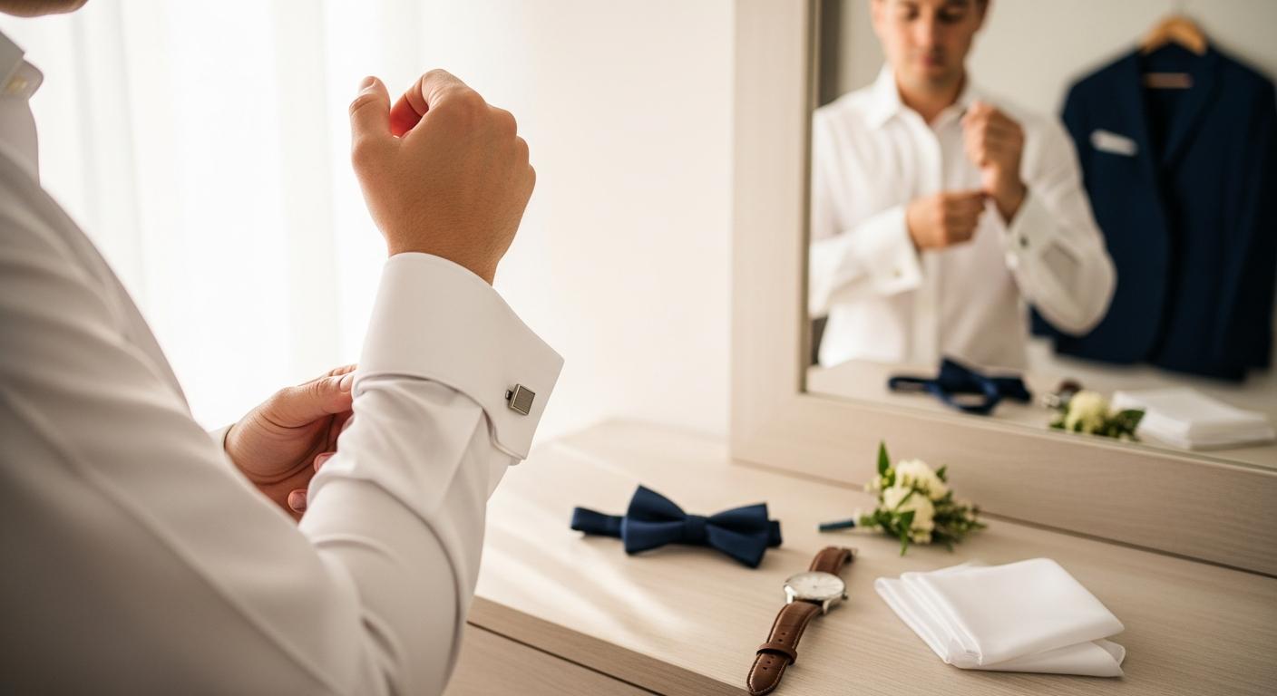 Homme en chemise blanche ajustant des boutons de manchette avant un mariage, accessoires posés sur une commode Billede