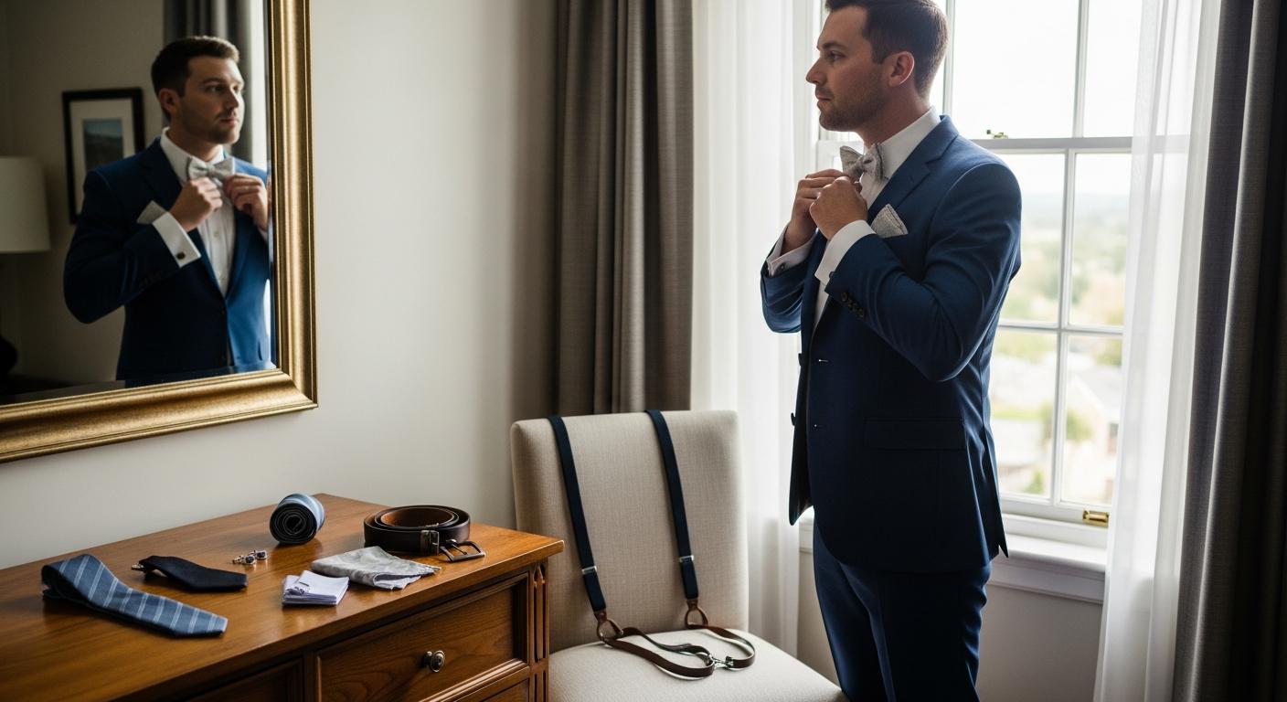 Témoin ajustant son nœud papillon devant un miroir, costume bleu marine et accessoires assortis, dans une chambre d’hôtel avant un mariage Billede
