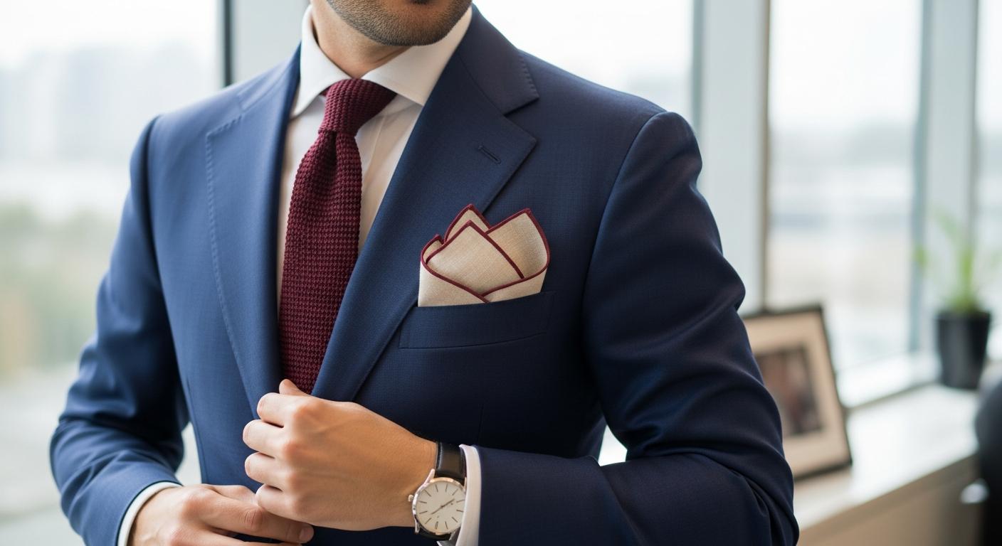 Homme en costume bleu marine avec chemise blanche et cravate bordeaux, portant une pochette en lin écru à liseré bordeaux dans la poche poitrine, lumière naturelle en bureau Billede