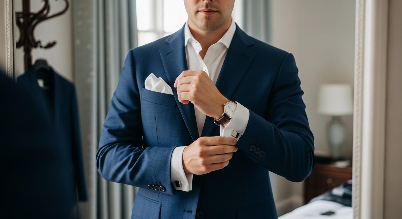 Homme en costume bleu marine ajustant des boutons de manchette argentés sur une chemise blanche, devant un miroir en lumière naturelle Billede