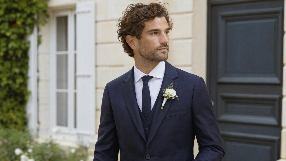 Homme en costume portant une boutonnière sur le revers gauche de sa veste Billede