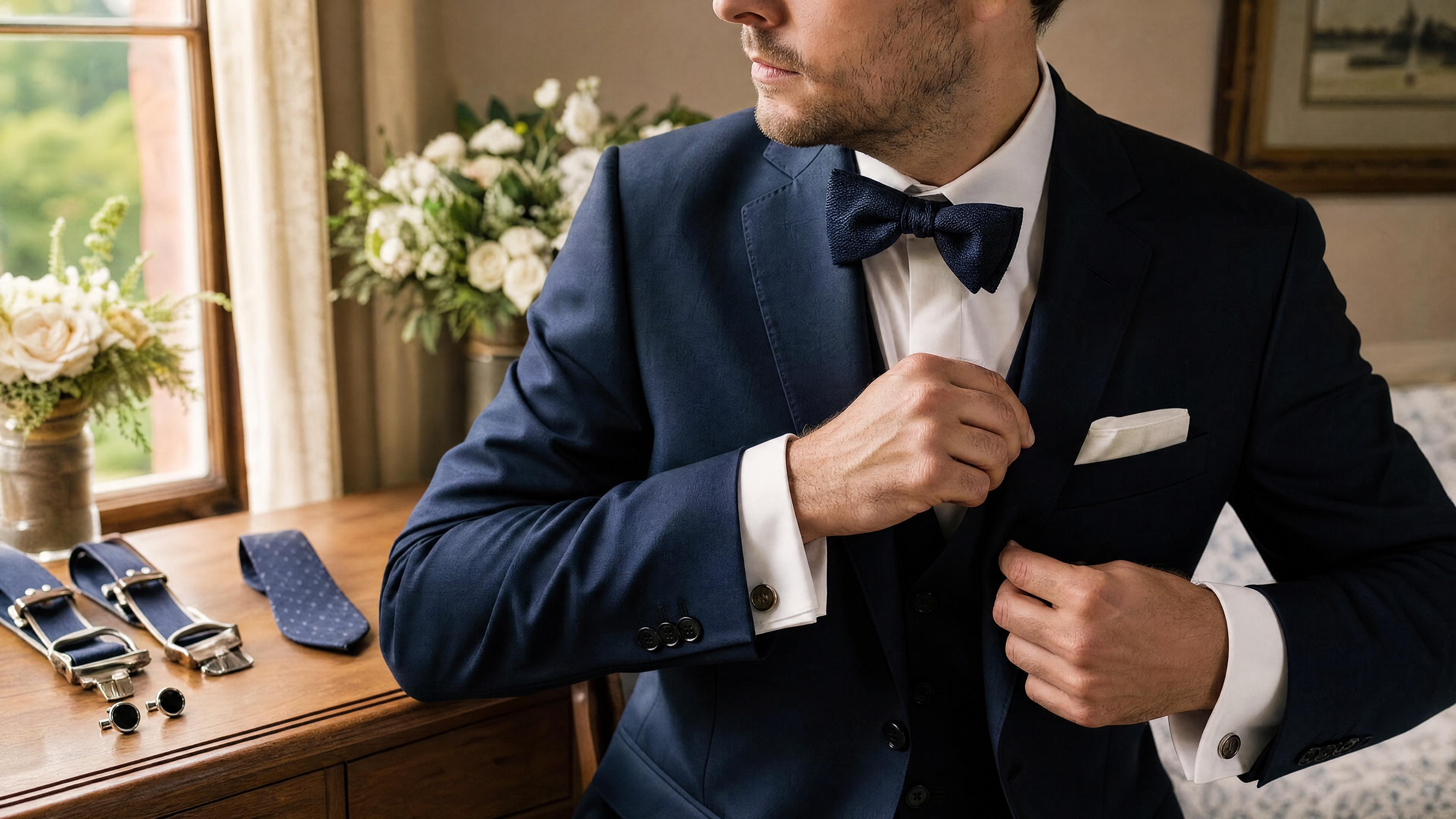 Homme en costume ajustant son nœud papillon et sa pochette lors des préparatifs d’un mariage Billede