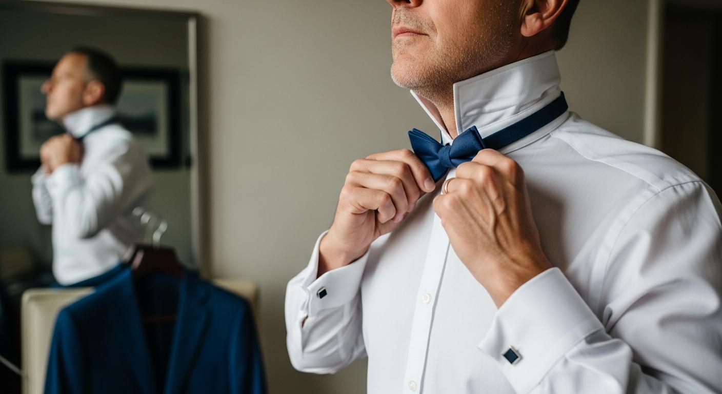 Homme ajustant un nœud papillon devant un miroir, en chemise blanche, pour illustrer le choix selon la morphologie Billede