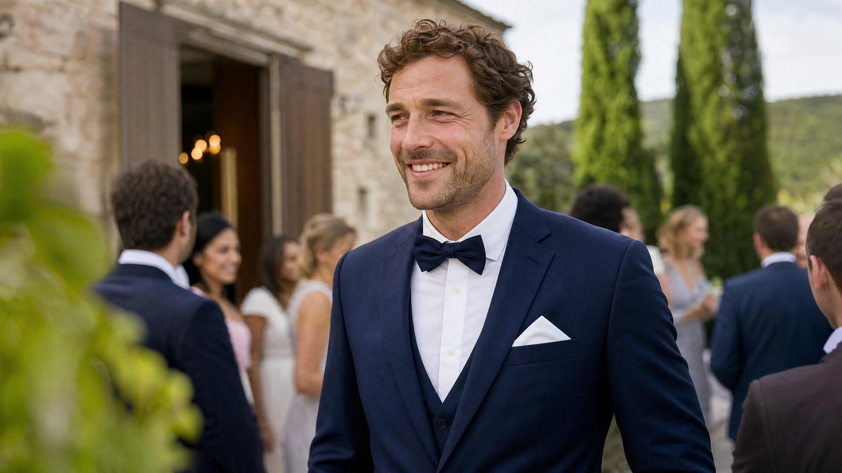 Homme en tenue de mariage avec accessoires assortis à un costume bleu marine. Billede