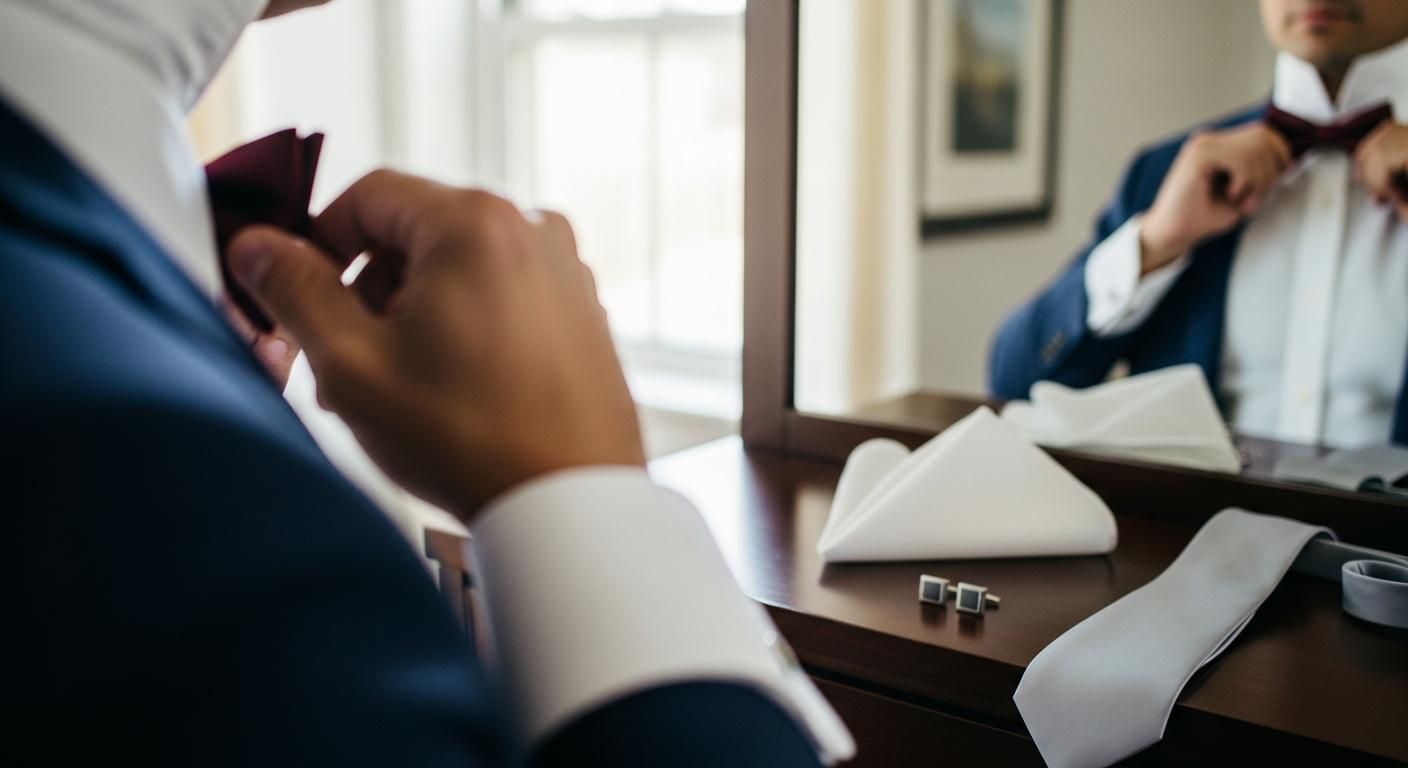 Homme en costume bleu marine ajustant un nœud papillon bordeaux devant un miroir, avec accessoires de mariage posés sur une commode Billede