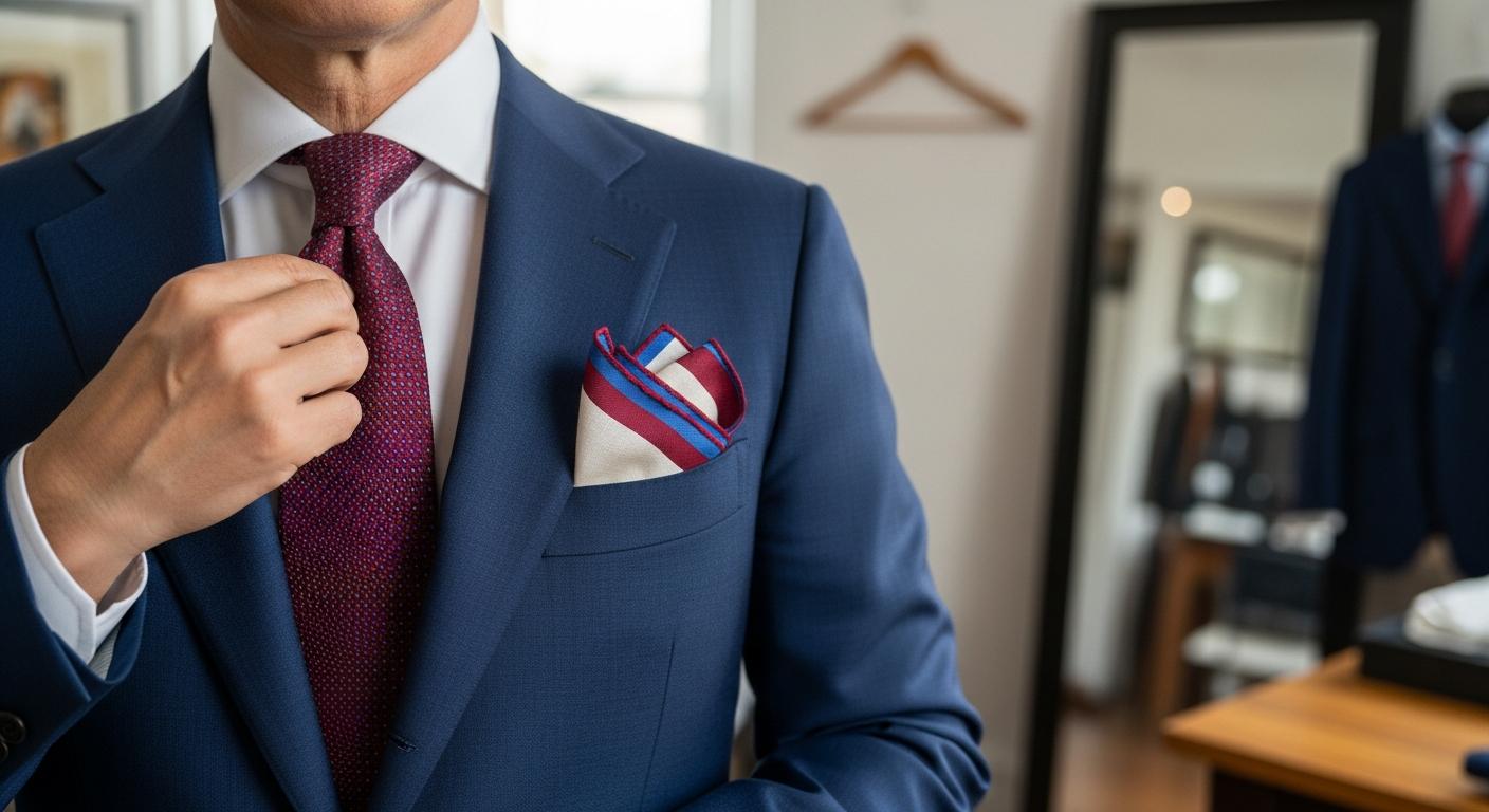 Homme en costume bleu marine avec cravate bordeaux et pochette en lin ivoire assortie, photographié en lumière naturelle près d’une fenêtre