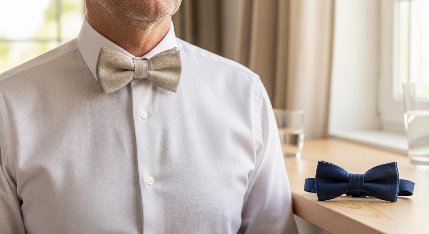 Homme en chemise blanche portant un nœud papillon en lin beige, avec un nœud papillon en coton bleu marine posé sur une table en bois dans une lumière douce d’été Billede