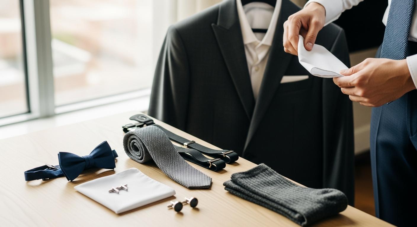 Accessoires de costume posés sur une table en bois, avec un homme qui compare nœud papillon, cravate et pochette près d’une fenêtre Billede