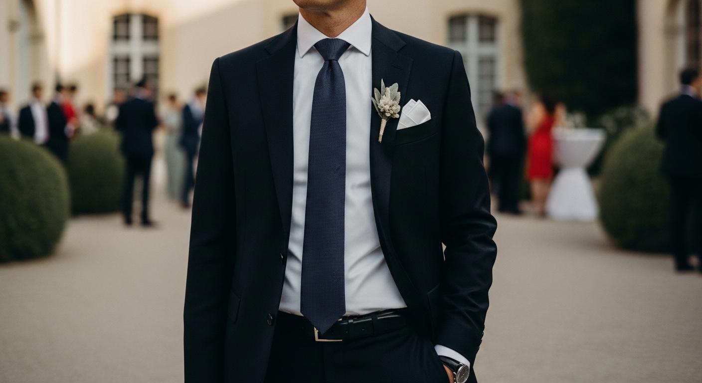Homme en costume noir avec chemise blanche et cravate élégante lors d’un mariage, cadrage mi-corps en lumière douce Billede