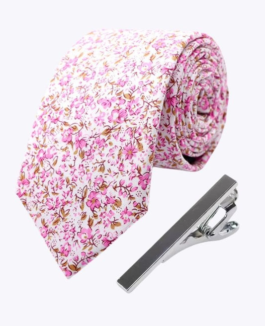 Cravate + Pince à Cravate Liberty Rose n°4 Homme en Coton «Gaspard»