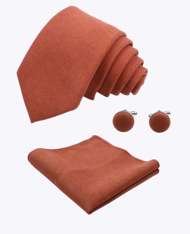 Cravate + Pochette de Costume + Boutons de Manchette Terracotta n°3 Homme en Effet Velours «Simon»