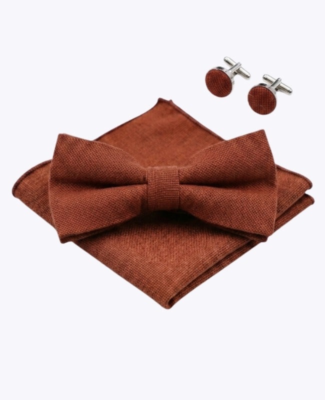 Noeud Papillon + Pochette de Costume + Boutons de Manchette Terracotta Homme en Coton «Edgard»